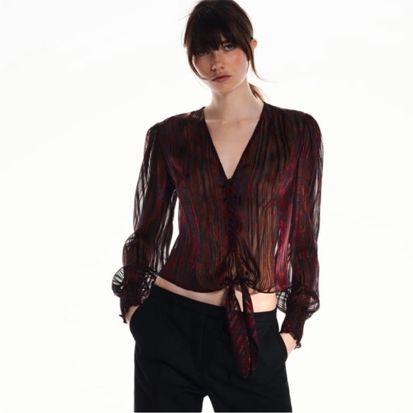 Zara Snakeskin Print Red and Black button down Blouse with Knot- Size XL - Picture 1 of 6